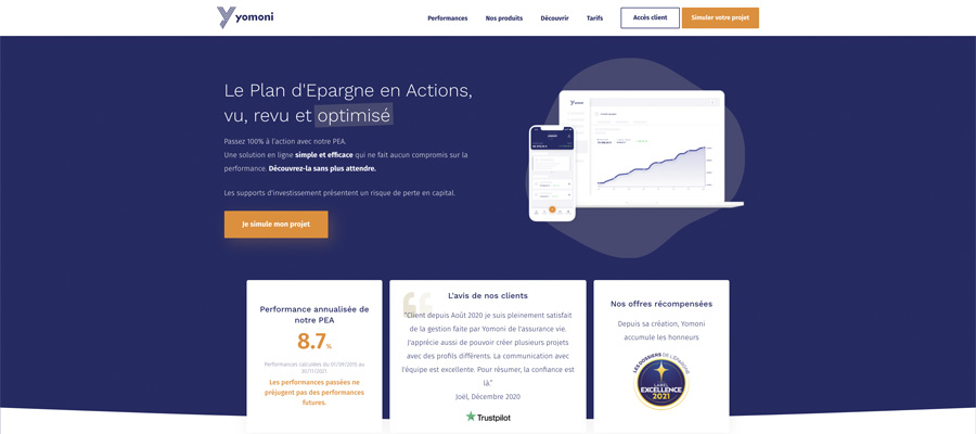 Capture décran de la page daccueil de yomoni le plan epargne action