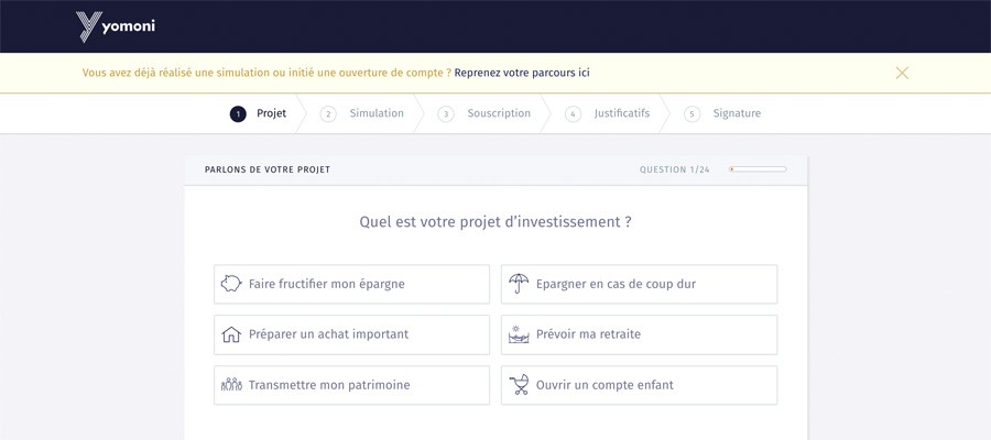 Capture décran de la page daccueil de yomoni profil dinvestisseur