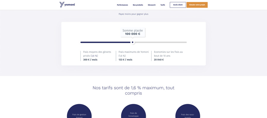 Capture décran de la page daccueil de yomoni tarifs