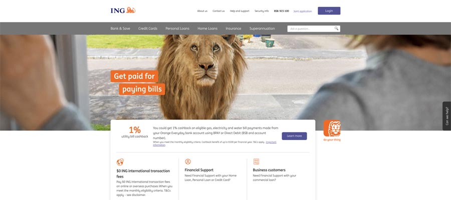 capture d’écran de la page d’accueil de ing bank