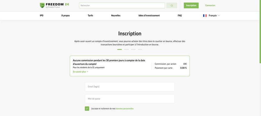 capture d'écran de la page d'accueil de freedom24 inscription