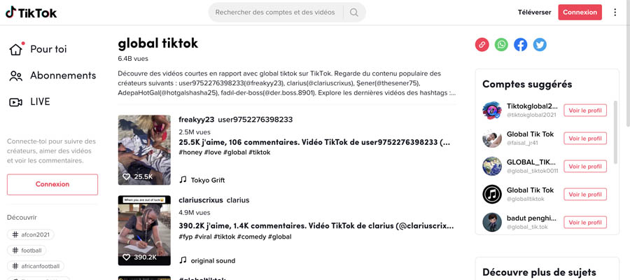 capture d'écran de la page d'accueil de tiktok