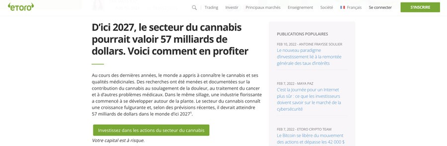 capture d’écran etoro investir sur le cannabis