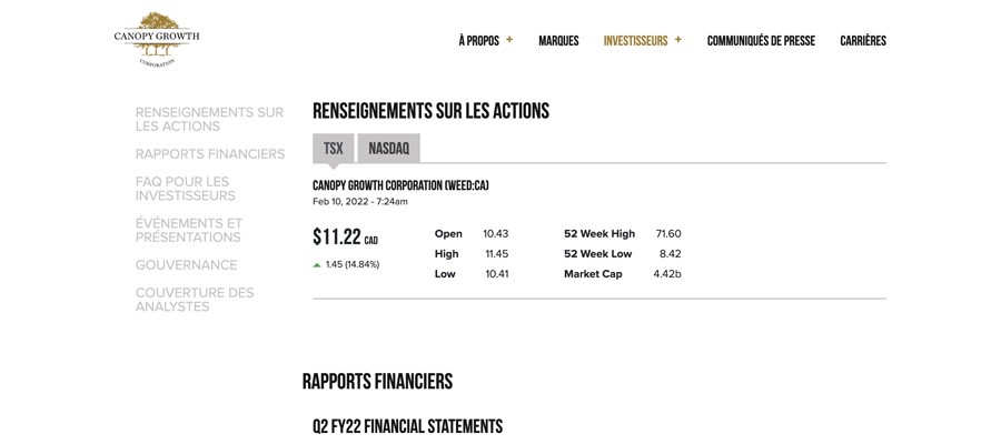 capture d’écran canopy growth investir sur le cannabis