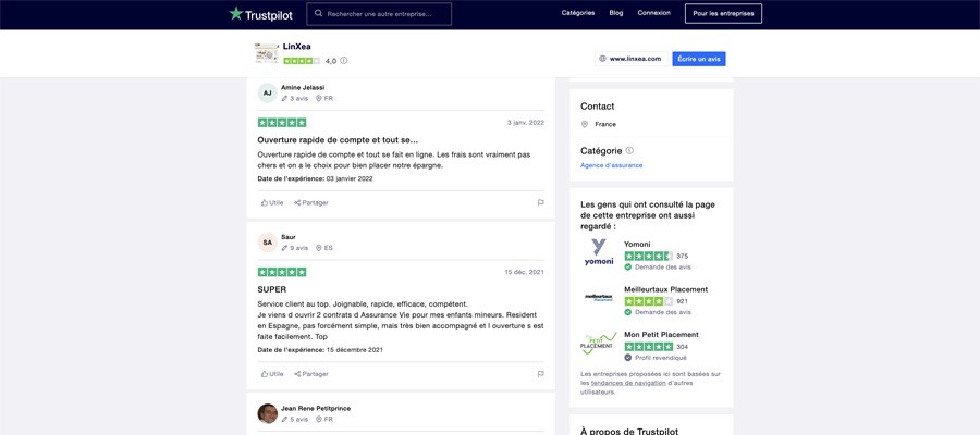 capture d’écran trustpilot le service client linxea