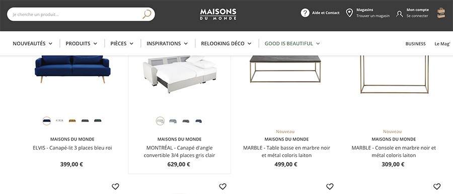 capture d'écran de maisons du monde tables
